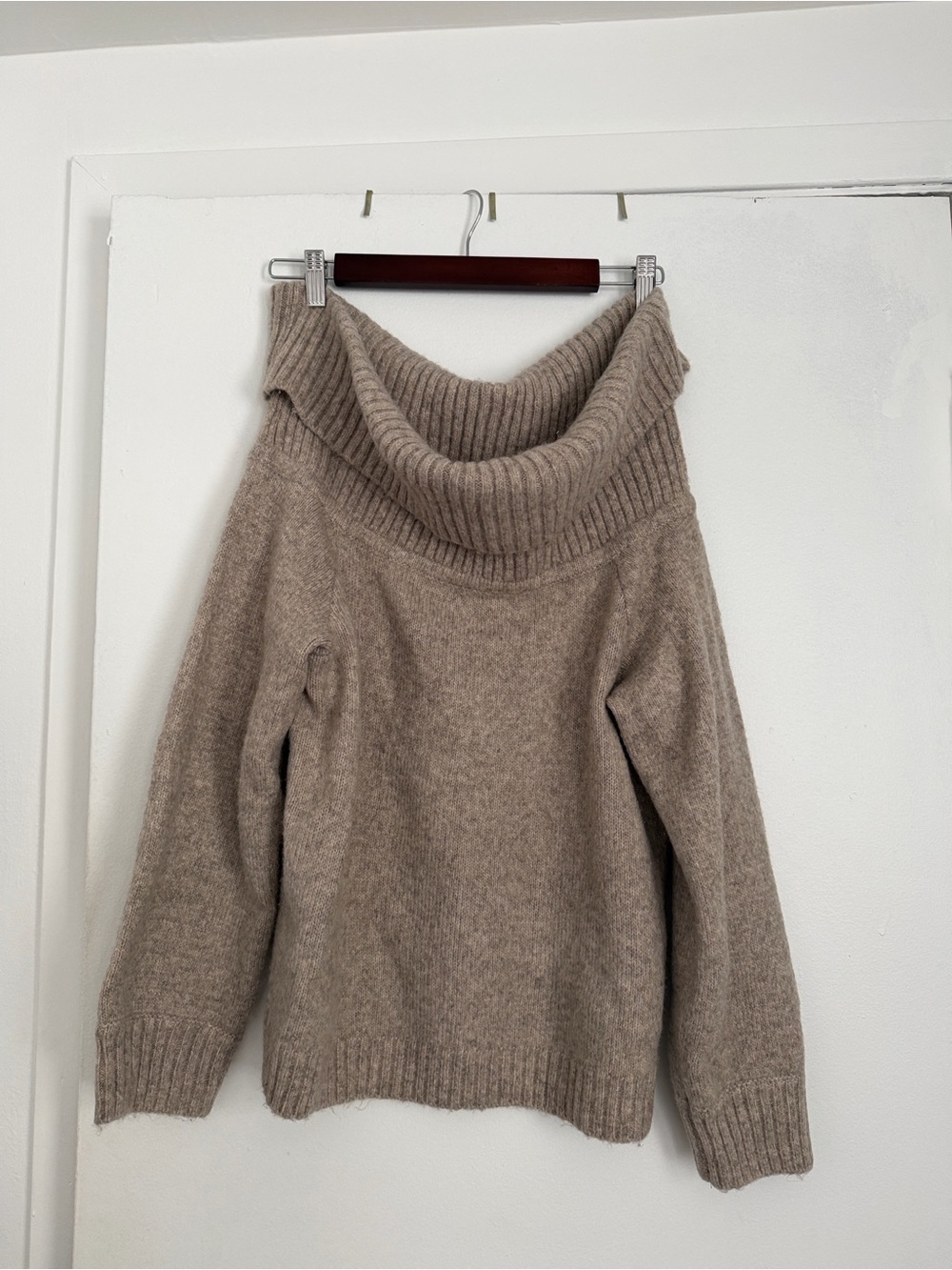 Abercrombie & Fitch Off-the-Shoulder Rib Funnel Neck Sweater in Taupe - Picture 3 of 3